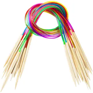 Juego de agujas de tejer circulares, tubo multicolor de bambú de 80cm, 18 unidades