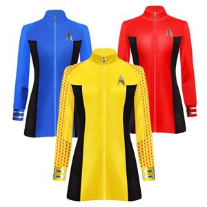 <span class=keywords><strong>Star</strong></span> Cosplay <span class=keywords><strong>Trek</strong></span> Duty Uniforme TOS Rouge Jaune Bleu Robe Cosplay Costumes Fête Halloween pour Femmes Badge Hommes Top Offre Spéciale - Product Image 1