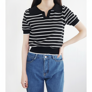 Top corto estivo a maniche corte da donna con colletto a righe lavorato a maglia Chic in maglia - Product Image 1