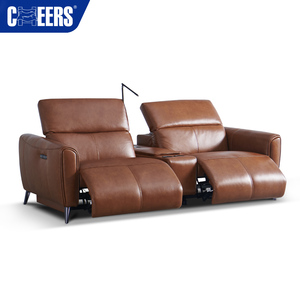 MANWAH CHEERS Canapé deux places inclinable électrique moderne en cuir véritable marron avec appuie-tête réglable en métal, lampe de lecture et port de charge USB - Product Image 2