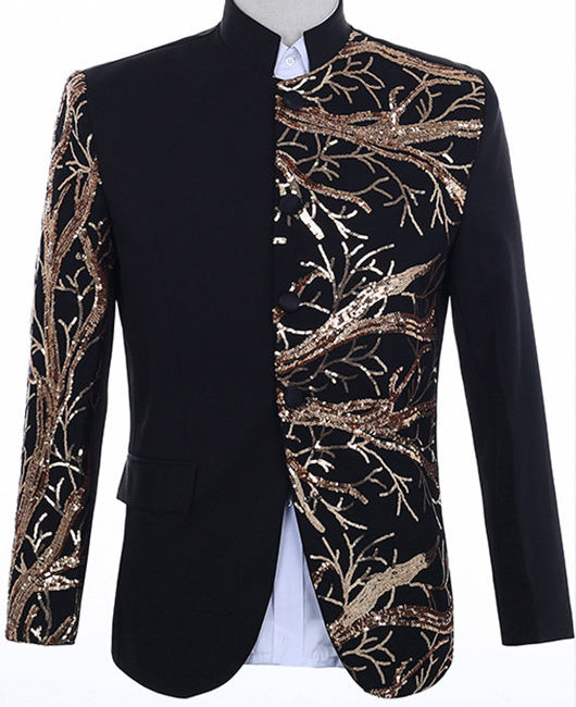 Men's Suits Sequins Floral Notched Mandarin Collar Slim Fit Black Stylish Stage Costumes Blazer Jacket