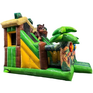 Château gonflable tropical 3D avec toboggan double, zone de saut et obstacles, contenant un perroquet, un flamant rose et un singe - Product Image 5