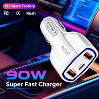 Chargeur de voiture 90W à 3 ports USB C PD 3.0, charge rapide, adaptateur allume-cigare Type C + USB A 30W 12V 24V 90W