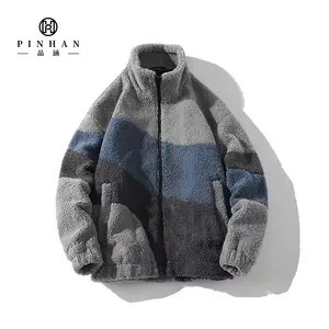 3色パッチワークラムウールジャケットユニセックスユニークな配色秋冬ブラックレジンジッパー伸縮性袖口と裾