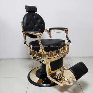Sillón de <span class=keywords><strong>Barber</strong></span>ía de la Mejor Calidad con Base Redonda, Reclinable, en Cuero Dorado y Negro para Hombres, para <span class=keywords><strong>Barber</strong></span>ía - Product Image 3