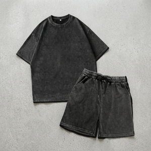 Custom Streetwear Clothing Manufacturer Summer Jogging Vintage <b>Knitted</b> 220 GSM 100% Organic Cotton Breathable T-shirt Short <b>Set</b> - Product Image 3