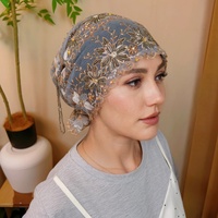 Gorro Turbante de Malla con Encaje Floral y Cuentas para Mujeres Musulmanas, con Lazo Trasero, Múltiples Colores, Elegante Pañuelo para la Cabeza para Uso Diario y Fiestas