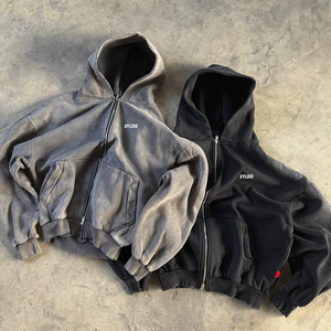 Oversized Weight Acid Wash Hoodies Custom High Quality Hoodie Manufacturers 460 500gsm Cotton Blank Plain <b>Zip</b> <b>Up</b> <b>Jackets</b> For Men - Product Image 5