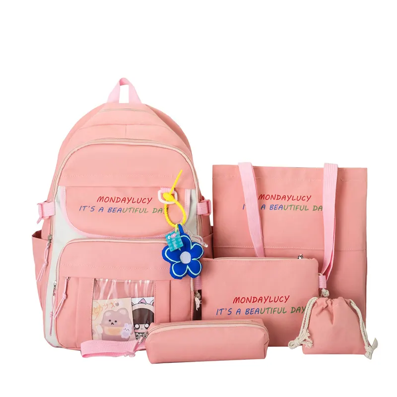 2022 Trend High Quality Durable Fashion Ladies School Bags Set Backpacks Cute Pink College 5 Pieces Girls Backpack Set