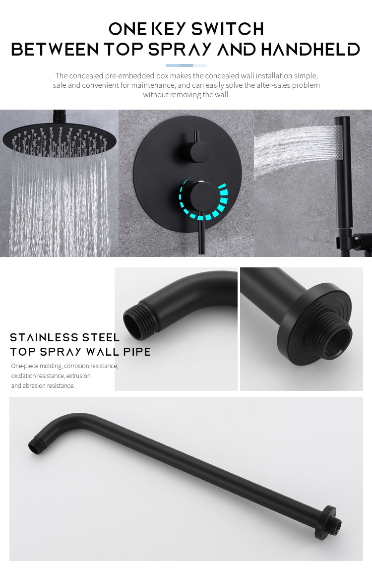 stainless steel circular black concealed hot and cold dual function in-wall bathroom shower with embedded box shower set