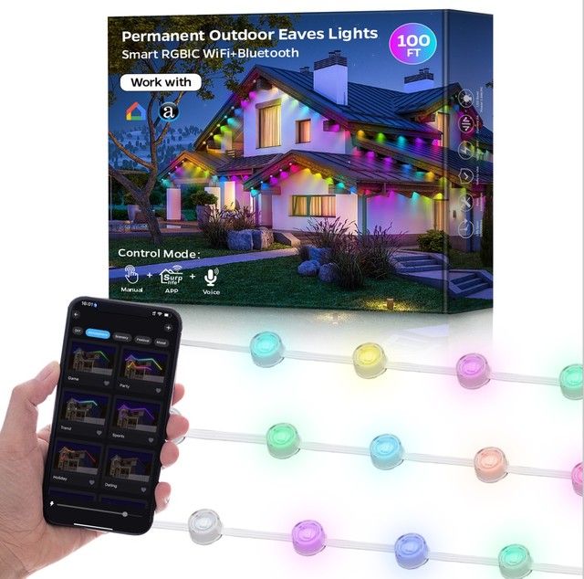 Smart RGBIC IP67 Waterproof Eaves Lights WiFi App Controlled Led Permanent Christmas Lights Outdoor for Roof Garden Decor