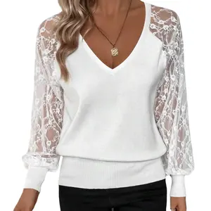 Women's Sweater Spring And Autumn Pullover Loose Solid Color V-neck Spliced Lace Long-sleeved Top Elegant Knitwear