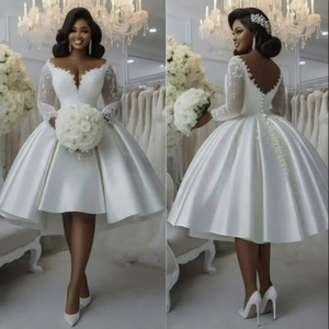 New Lace Satin Wedding Dress Deep V-neck Long <b>Sleeve</b> Elegant <b>Bridal</b> Mini Dress - Product Image 2