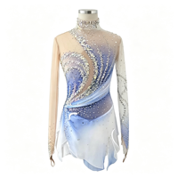 Robe de patinage artistique à col haut et manches longues, dégradé bleu et blanc, avec strass et maille, pour compétition et spectacle (adultes et enfants)