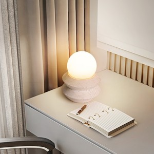Cream Style Rechargeable Table <b>Lamp</b> With Natural Yellow Travertine Base Led Light Source Remote Control Dimmable Bedroom - Product Image 3