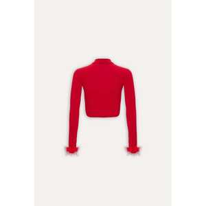 Chemisier en satin de coton et lin rouge Genji, style vintage avec broderie détails plumes, tissé, taille XL longue, pour printemps, été, automne - Product Image 1