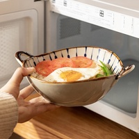 Bol à soupe en céramique anti-brûlure personnalisé de style japonais avec motif floral irrégulier et doubles poignées