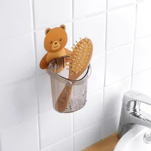 Cute <b>Bear</b> Pattern Wall Mounted Toothbrush Storage Rack Bathroom Multifunctional Toothbrush Container Bathroom Accessories - Product Image 2