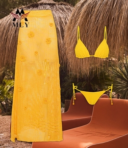 Customized Design <strong>Crochet</strong> Beachwear Swimwear Women High Quality Triangle Bikini Three Piece with <strong>Mesh</strong> Cover up <strong>Skirt</strong> - Product Image 2
