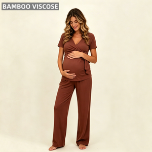 Vêtements en bambou pour femmes, légers, extensibles, à nouer devant, pour la maternité/l'allaitement, manches courtes et pantalon large - Product Image 1