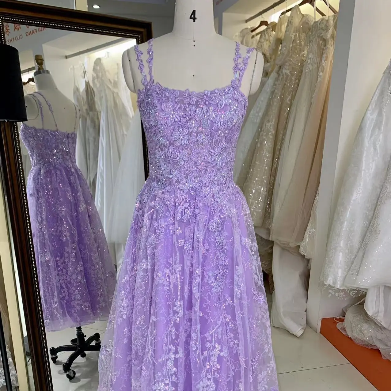 Square Neckline Full Embroidery At Bodice A Line Princess Lace Elegant Midi Length Evening Dress