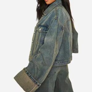 Fabricante de Ropa, Chaquetas de Mezclilla de Alta Calidad, Estilo Hip Hop Urbano, Chaqueta de Mezclilla Corta Deslavada al Ácido, Estilo Vintage para Mujer - Product Image 2