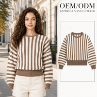 Pull en maille côtelée à rayures colorées pour femme, col rond, coupe oversize, épaules tombantes, manches longues, automne-hiver, vente en gros ODM