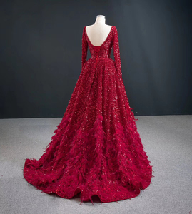 ClassicalParty Dress With <strong>Red</strong> <strong>Sequins</strong> Long Sleeve Feather Bead A-Line Lady Evening Dress 2022 - Product Image 4