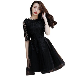 Black Chiffon A-Line Evening Dress High Neck 3D Lace Embroidery Natural Waistline For Birthday Party Graduation Annual Meeting - Product Image 5