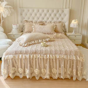 Juego de 3 piezas de cubrecama rosa de terciopelo coral con diseño de princesa de invierno, cubrecama grueso de algodón con borde de falda y delantal de cama - Product Image 3