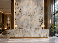 Dalle de quartzite Patagonia Cristallo pour panneau rétroéclairé à veines cristallines translucides, îlot cascade, plan de travail avec évier intégré