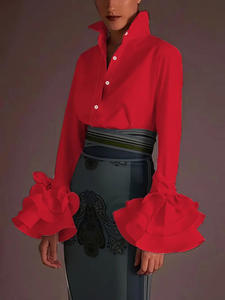 <span class=keywords><strong>Blusas</strong></span> y Camisas Casuales TP20 de Color Sólido con Mangas Acampanadas y Solapa Adornada con Lazo, Método de Tejido No Tejido - Product Image 6