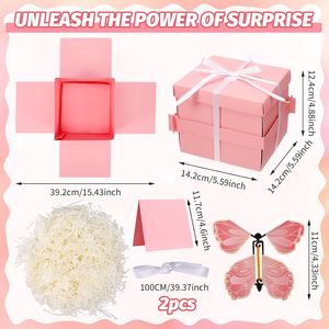 Scatola Regalo in Cartone con Esplosione di Farfalle, Scatola Sorpresa con Farfalle Volanti per Compleanni, Matrimoni, Anniversari, Natale (Rosa) - Product Image 2