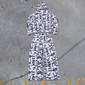 Chándal personalizado para correr Unisex, conjuntos de 2 piezas, pantalones de chándal de algodón de rizo francés y conjunto de Sudadera con capucha y cremallera, chándal holgado de camuflaje para hombre - Product Image 2