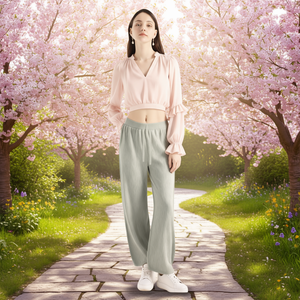 Ymk235 Completo da Donna 2 Pezzi in Chiffon con Scollo a V e Maniche a Volant, Vestibilità Ampia, Lunghezza Intera, Tinta Unita, Casual, Outfit Primavera Estate - Product Image 2