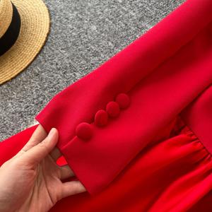 Giản dị thanh lịch notched cổ áo Áo Blazer Midi ăn mặc cho phụ nữ Đế Chế chắp vá ren vestidos chống nhăn Tính năng dệt phía trước - Product Image 5