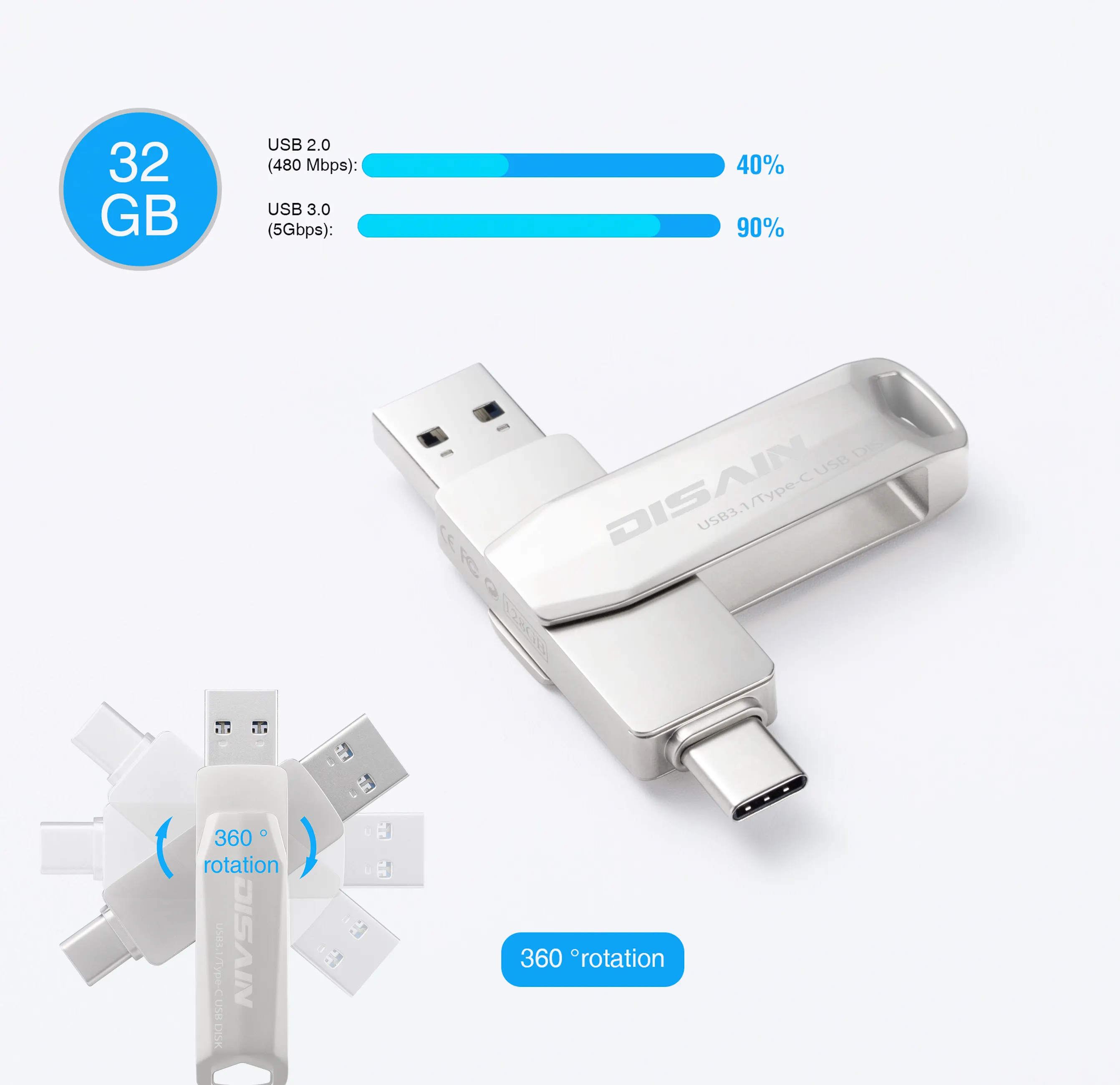 U Disk nuovo design all'ingrosso Logo personalizzato Usb Flash Drive metallo argento e nero per telefono cellulare