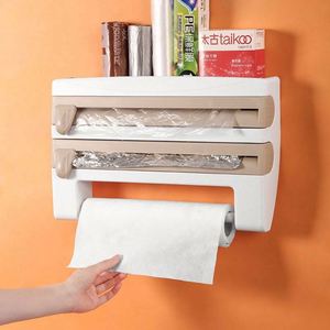 4 In1 Paper Hanger Cling Film <b>Storage</b> <b>Rack</b> Film Roll Holder Cutter Wall Mounted Plastic Kitchen <b>Towel</b> Foil Dispenser Tools - Product Image 3