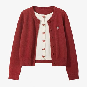 Women's <b>Cardigan</b> Knitwear Red Single Breasted Bow Detail Loose Fit Vintage Style Spring Autumn Wear Anti Pilling - Product Image 1