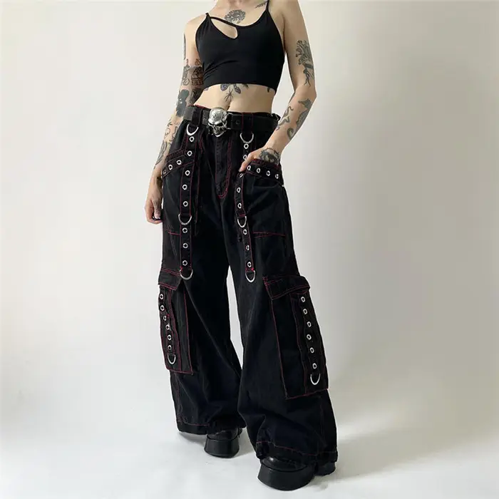 New Dark punk style Hot Girl overoles Y2K hebilla de metal diseño de cinta jeans casuales sueltos