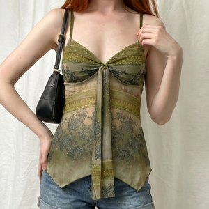 <b>Women's</b> Retro Print V Neck <b>Mesh</b> Camisole <b>Top</b> Sleeveless Lightweight Summer Tank <b>Top</b> Vintage Fashion Cami - Product Image 2