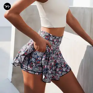 Kadın yaz sevimli yüksek bel fırfır etek tenis spor giyim çiçek baskı salıncak plaj Mini etek