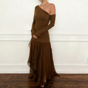 Robe maxi élégante à manches longues en patchwork de maille pour femmes, coupe ajustée, ourlet asymétrique, robe de soirée - Product Image 3