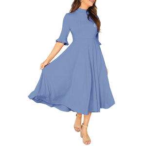 بيع بالجملة عالية الجودة للنساء أنيق مضلع محبوك جرس كم فستان بلون مستدير الرقبة عارضة الخروج فساتين متواضعة - Product Image 6