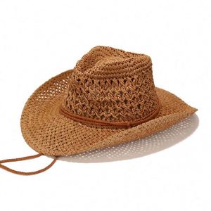 Bestella Boho Mans Hollow Out Paper Straw Panama Hat Travelling <b>Wide</b> Brim Casual Sunshade Outdoor Beach Cap for Adult - Product Image 2