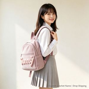 Sac à dos mini en velours côtelé pour femme, broderie, fermeture éclair, poche intérieure, personnalisable avec nom au crochet, petit format, vente en gros - Product Image 3