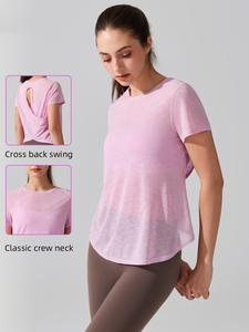 XW-YD393 สินค้าใหม่ <span class=keywords><strong>เสื้อ</strong></span>ออกกำลังกายดีไซน์เว้าหลังแบบผูก ทรงหลวม สไตล์สโมค <span class=keywords><strong>เสื้อ</strong></span><span class=keywords><strong>ผู้หญิง</strong></span>ทรงโอเวอร์ไซส์ <span class=keywords><strong>เสื้อ</strong></span>โยคะ <span class=keywords><strong>เสื้อ</strong></span>ยิมผู้หญิง - Product Image 2