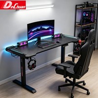 Escritorio de Juegos Eléctrico Personalizado, Mesa Ajustable en Altura, Escritorio de Fibra de Carbono con Patas Cuadradas de Acero, Luz RGB