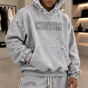 Survêtement gris délavé pour homme OEM, style vintage, en molleton 440 GSM, avec détails effilochés, pantalon large, fabrication de survêtements haut de gamme - Product Image 2