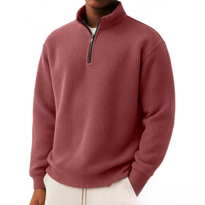 Factory Wholesale Custom Men's Waffle 1/4Zip <strong>Neck</strong> Pullover <strong>Jumper</strong> Pure Color Long Sleeve <strong>Polo</strong> Shirt Knitwear Men Pullover - Product Image 5